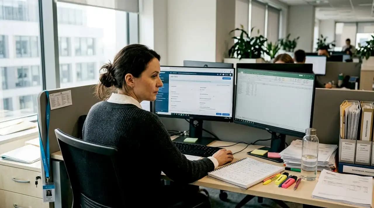 Accounting employee analysing contractor data on a computer screen, with a graphic showing invoice XML structure and validation errors.