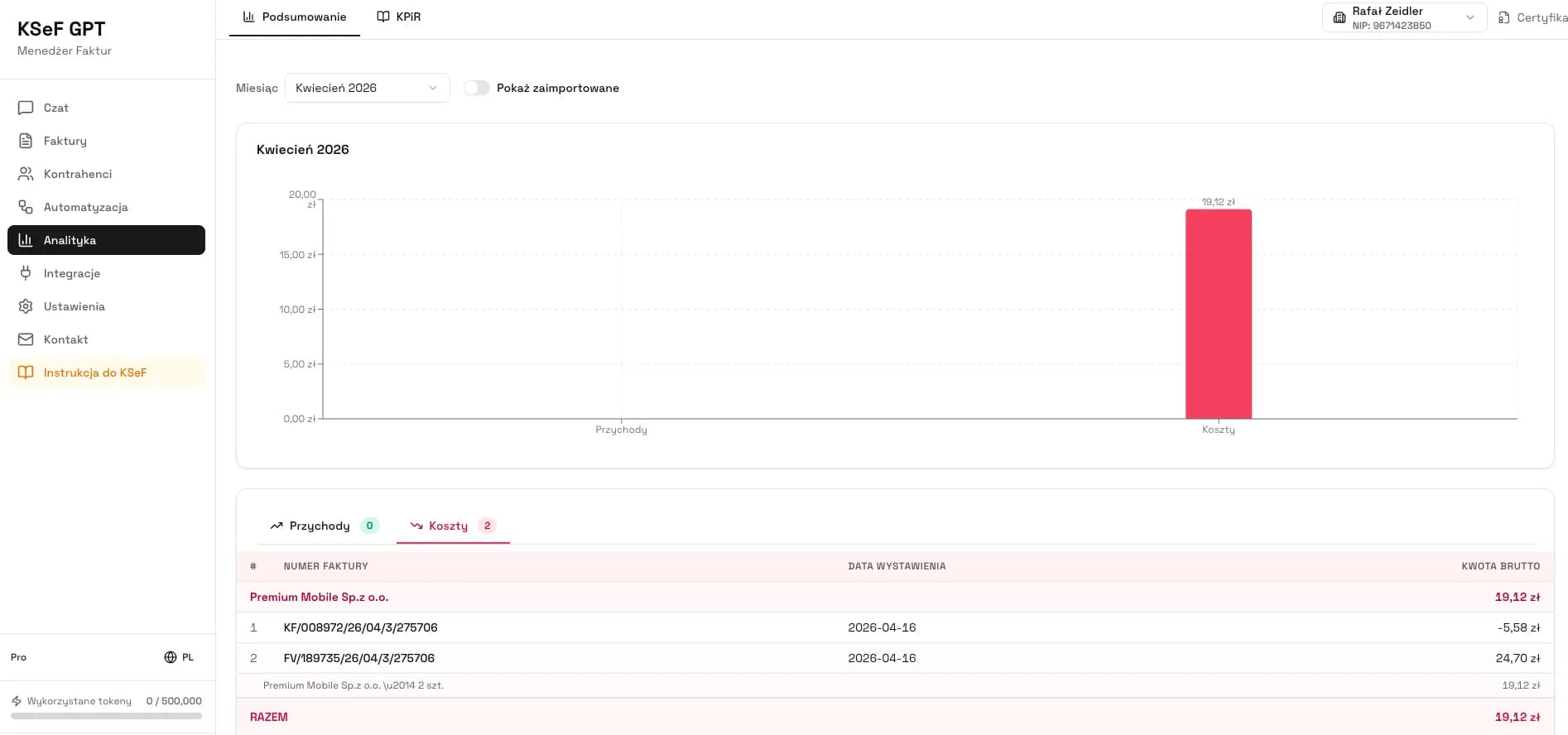 Панель аналітики KSeF GPT - графіки доходів, статистика рахунків та зовнішні інтеграції