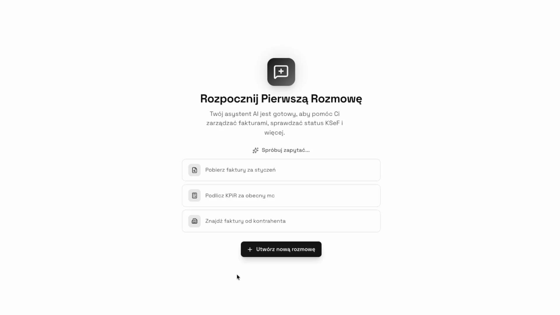 Ekran startowy modułu Czat KSeFGPT z przyciskiem Utwórz nową rozmowę