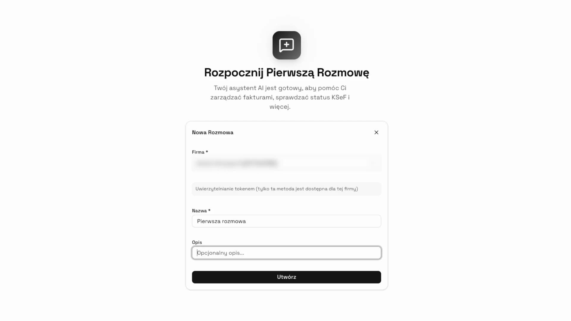 Formularz Nowa Rozmowa w KSeFGPT z wyborem firmy, nazwą rozmowy i przyciskiem Utwórz