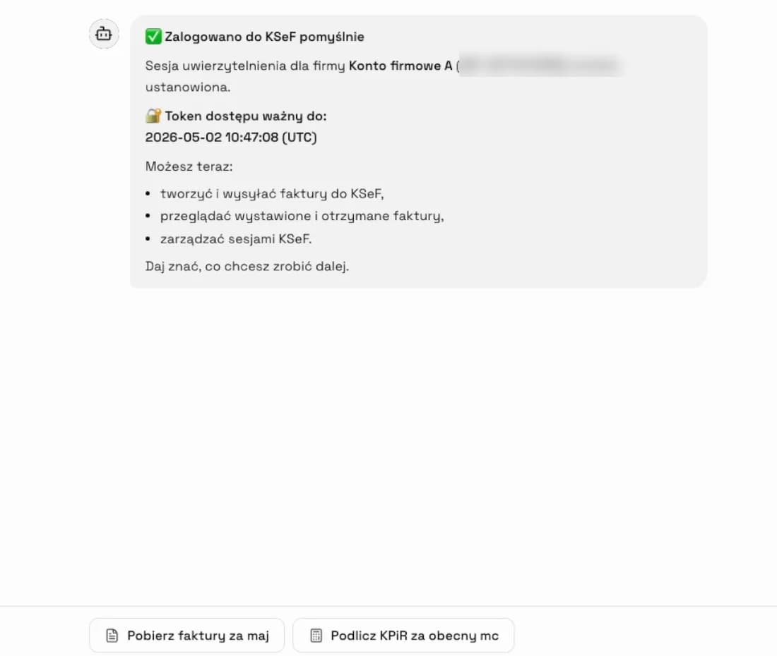 Komunikat o pomyślnym zalogowaniu do KSeF w rozmowie z Asystentem AI