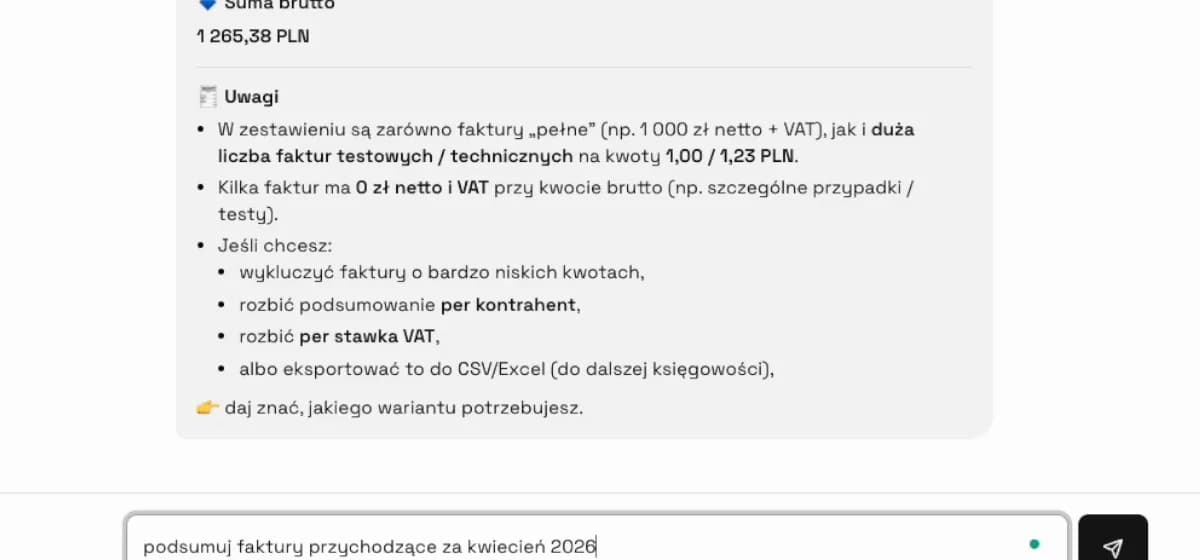 Pole wiadomości w module Czat z pytaniem o podsumowanie faktur przychodzących