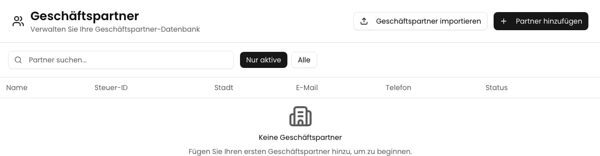 Modul Geschäftspartner in KSeFGPT mit leerer Liste und der Schaltfläche Partner hinzufügen