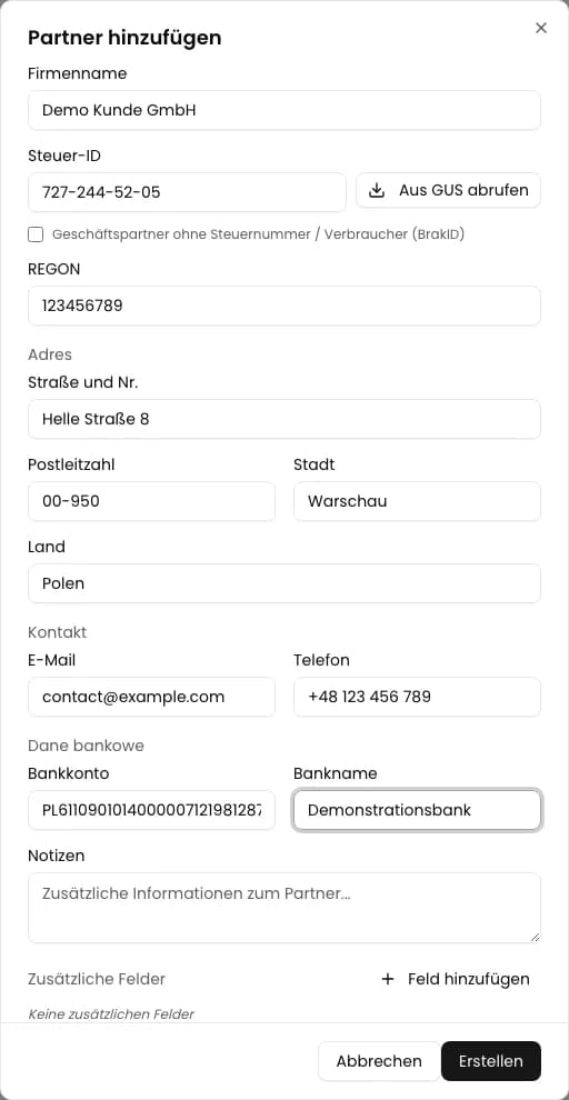 Formular Partner hinzufügen in KSeFGPT mit Identifikations-, Adress-, Kontakt- und Bankdaten