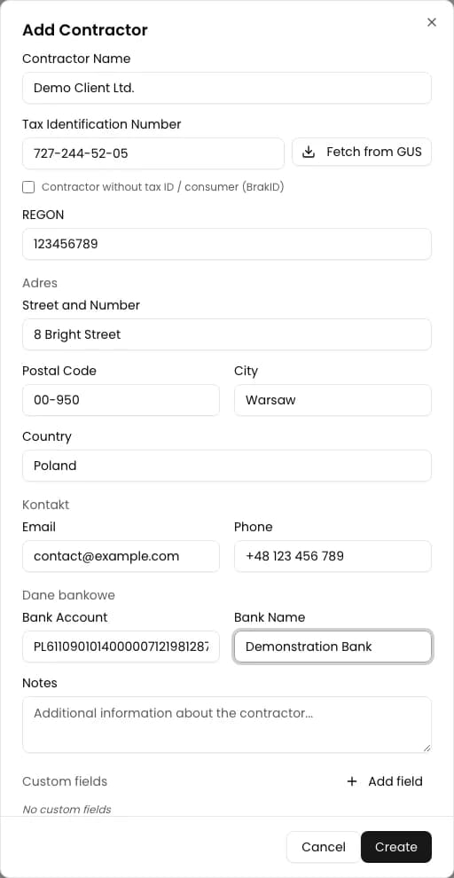 Add Contractor form in KSeFGPT with identification, address, contact, and bank details