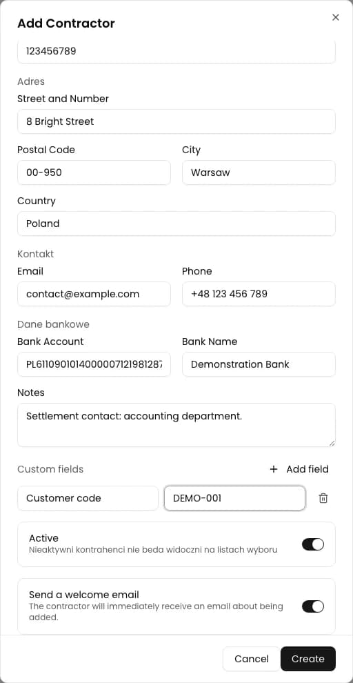 Lower part of the contractor record with a note, Customer code custom field, Active status, and welcome email option