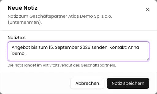 Notiz eingeben: Notiz zum Geschäftspartner hinzufügen