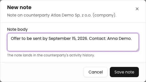 Enter the note: Add a note to a counterparty in CRM