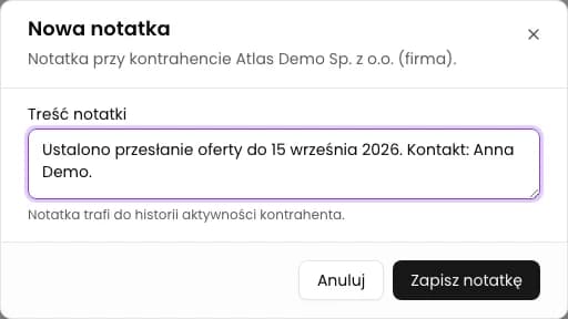 Wpisz treść notatki: Dodaj notatkę do kontrahenta w CRM