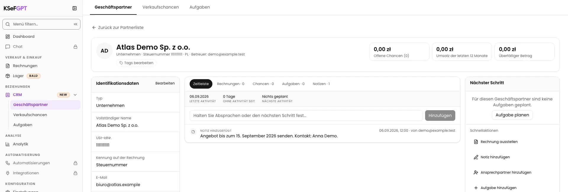 Speichern und im Verlauf prüfen: Notiz zum Geschäftspartner hinzufügen