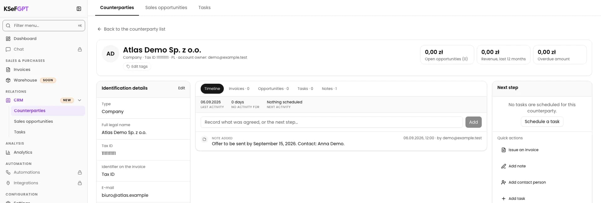 Save and find the note in history: Add a note to a counterparty in CRM
