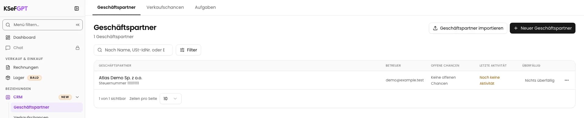 Geschäftspartnerliste im CRM mit Atlas Demo Sp. z o.o.