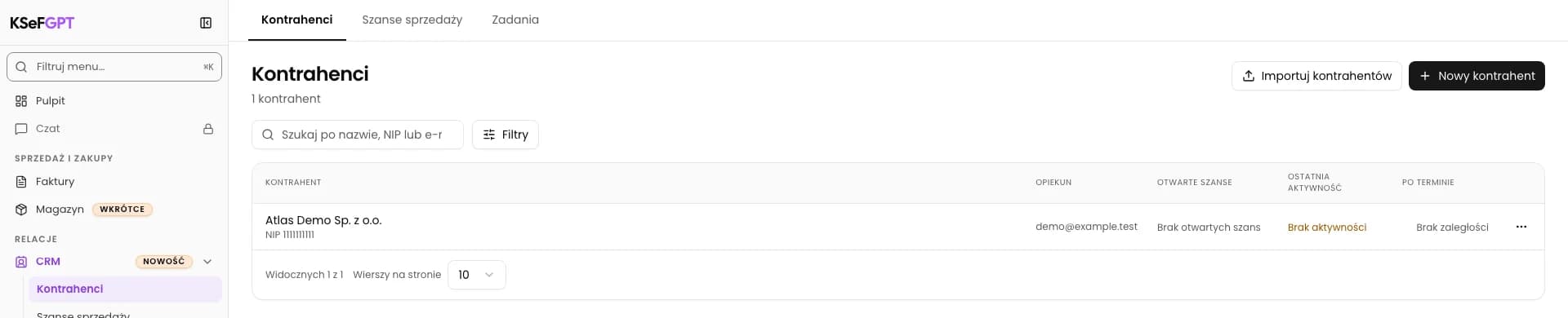 Lista kontrahentów w CRM z firmą Atlas Demo Sp. z o.o.