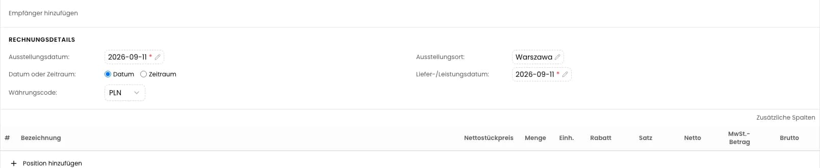 Ausstellungs- und Leistungsdatum sowie die Währung PLN
