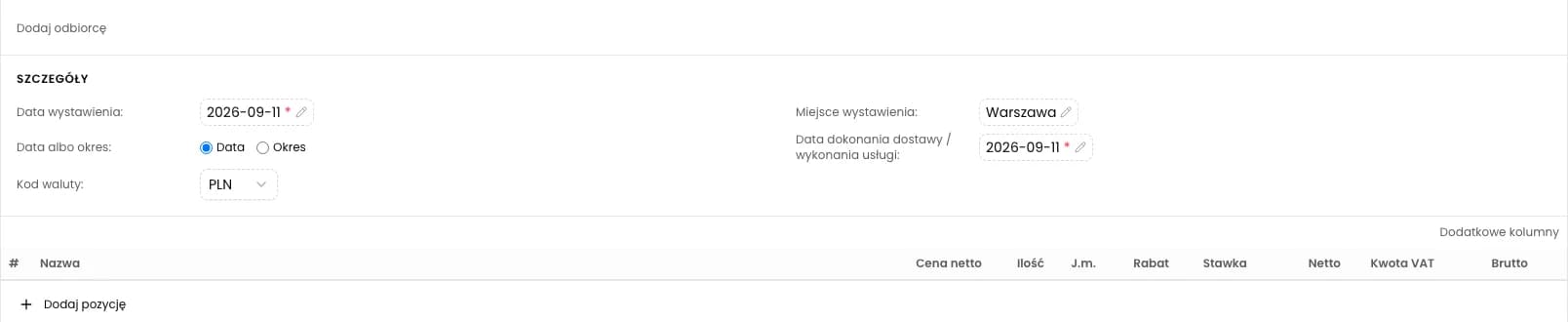 Daty wystawienia i wykonania usługi oraz waluta PLN
