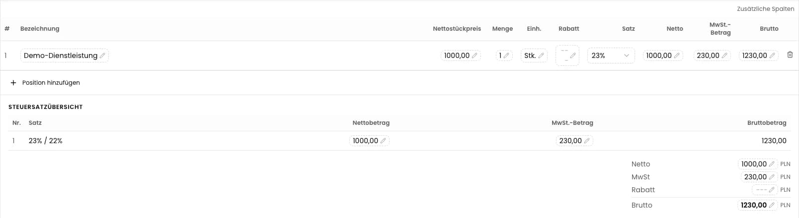 Eine Dienstleistung für 1000 PLN netto und 1230 PLN brutto