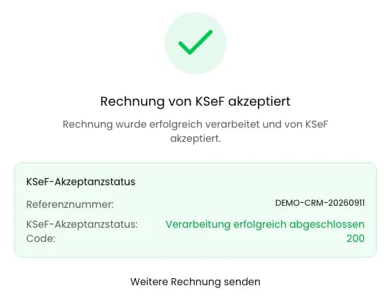 Rechnung von KSeF akzeptiert, Code 200 und Referenznummer der Übermittlung