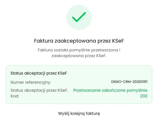 Komunikat Faktura zaakceptowana przez KSeF, kod 200 i numer referencyjny wysyłki