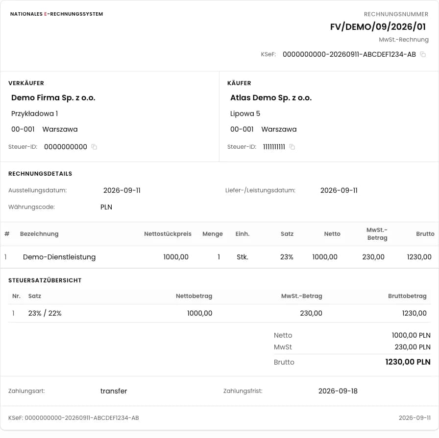 Rechnungsdetails für Atlas Demo mit zugewiesener KSeF-Nummer