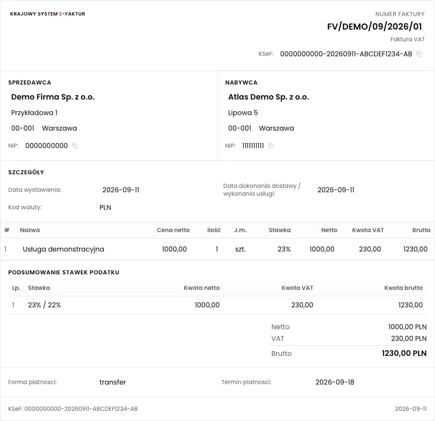 Szczegóły faktury dla Atlas Demo z nadanym numerem KSeF