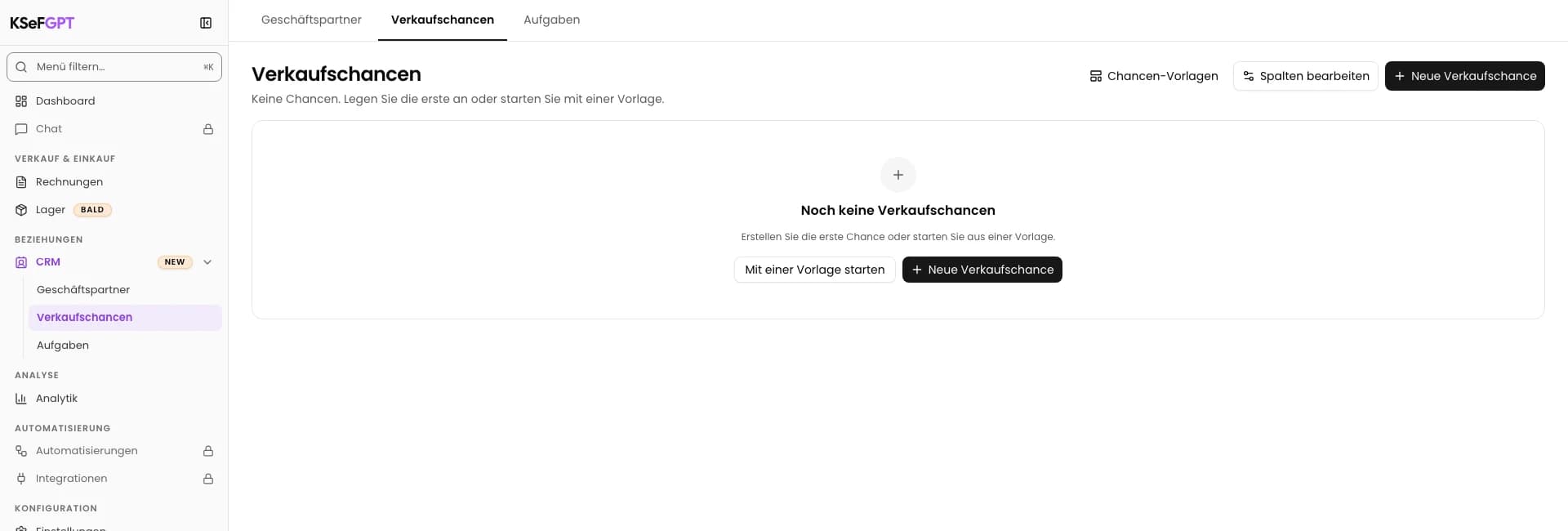 Tafel der Verkaufschancen öffnen: Verkaufschance im CRM anlegen