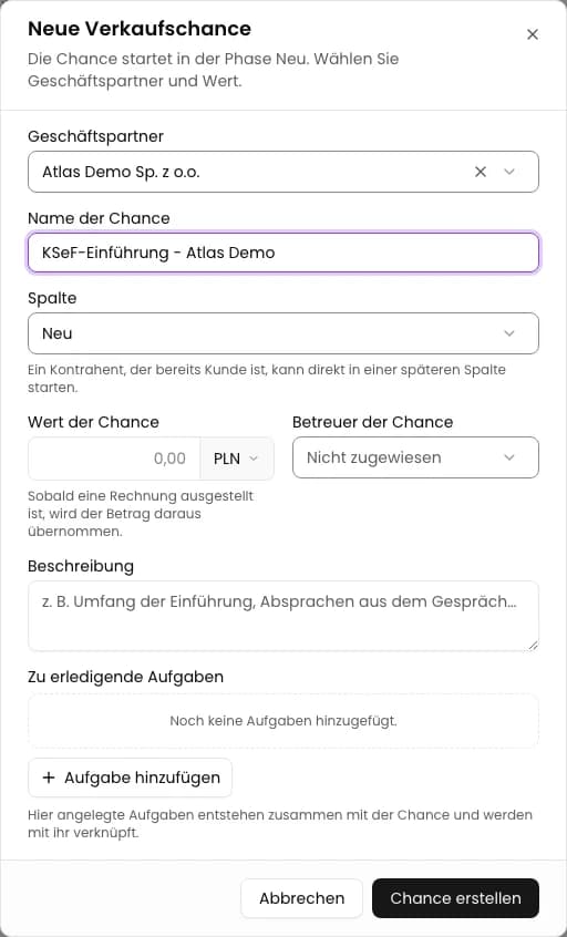 Partner und Namen wählen: Verkaufschance im CRM anlegen