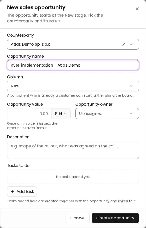 Choose the counterparty and name: Create a sales opportunity in CRM