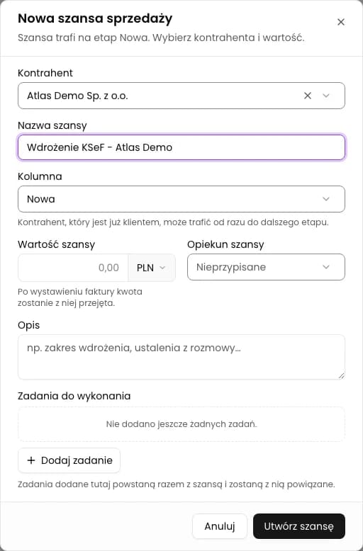Wybierz kontrahenta i nazwij szansę: Utwórz szansę sprzedaży w CRM