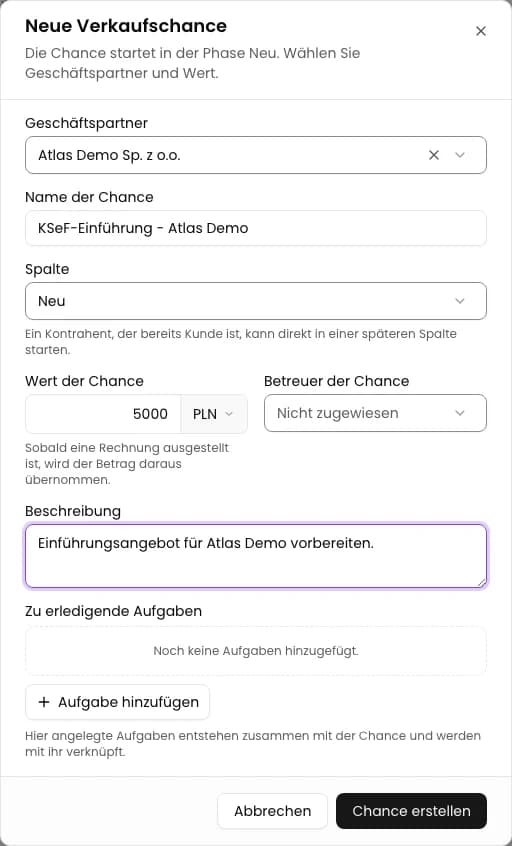 Wert und Beschreibung eintragen: Verkaufschance im CRM anlegen