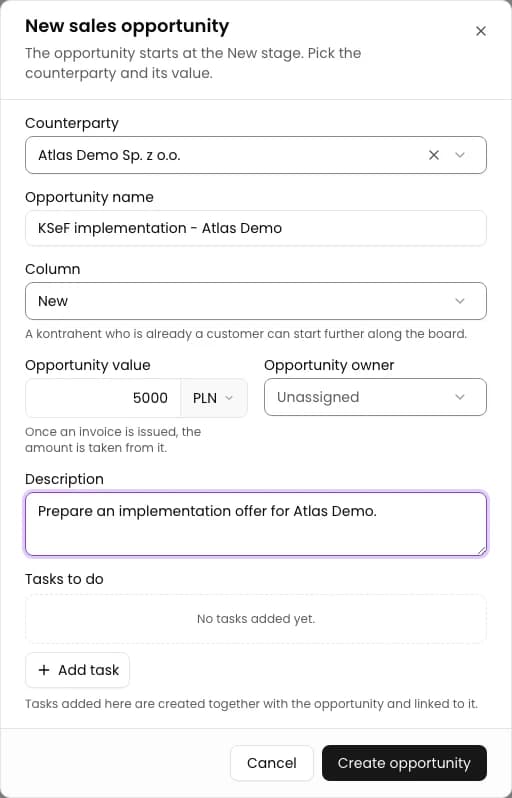 Set the value and description: Create a sales opportunity in CRM