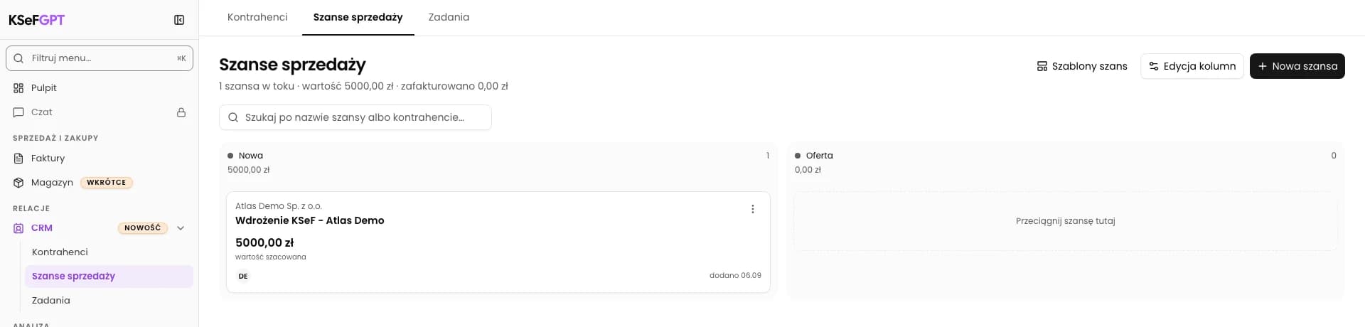 Znajdź szansę na tablicy: Wdrożenie KSeF - Atlas Demo