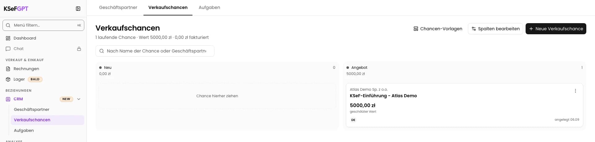Spalte nach dem Neuladen prüfen: KSeF-Einführung - Atlas Demo