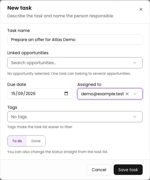 Enter a name and due date: Add a task with a due date in CRM