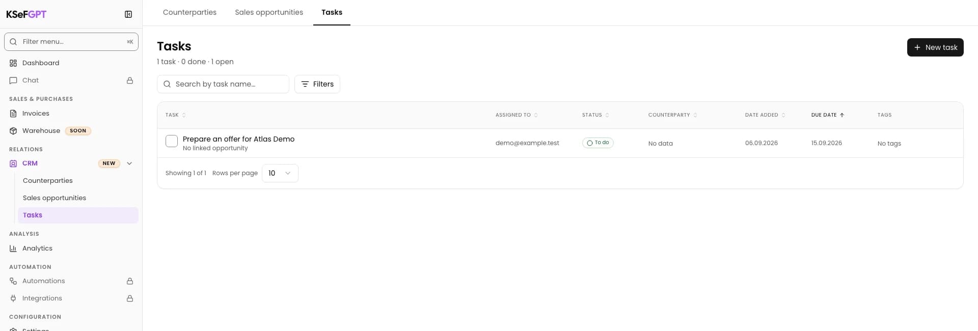 Save and check the task list: Add a task with a due date in CRM