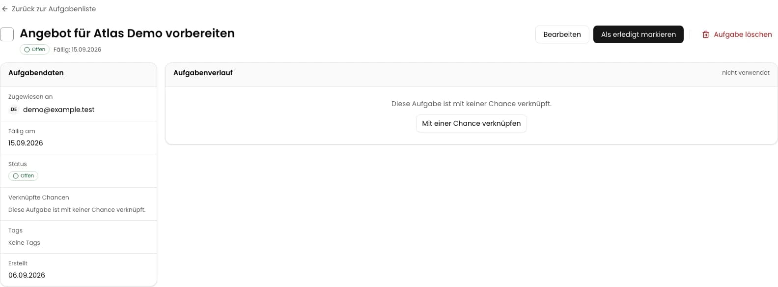 Aufgabenkarte öffnen: Angebot für Atlas Demo vorbereiten