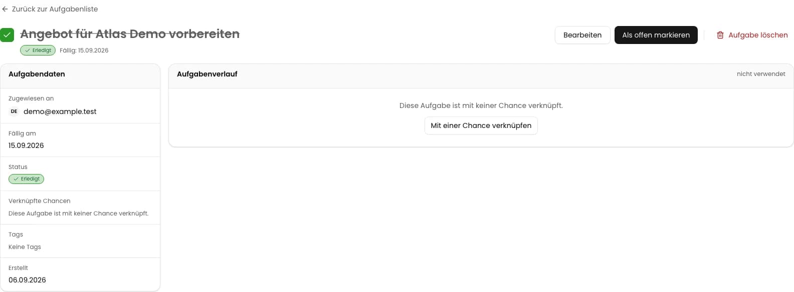 Aufgabe als erledigt markieren: Angebot für Atlas Demo vorbereiten