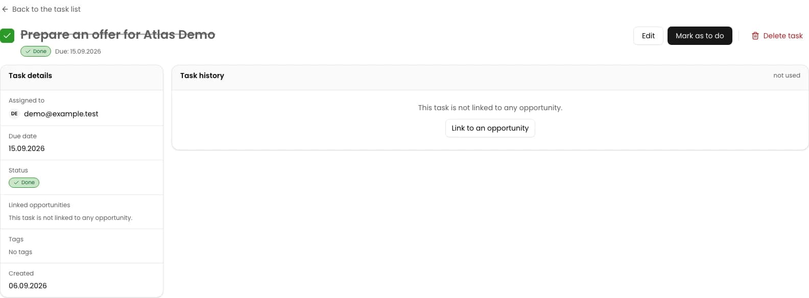 Mark the task as done: Prepare an offer for Atlas Demo