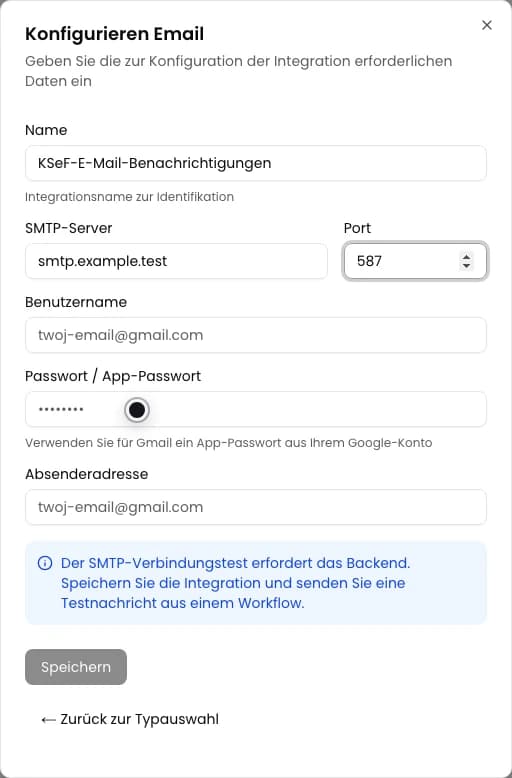 Formular Konfigurieren Email mit Name, SMTP-Server und Port
