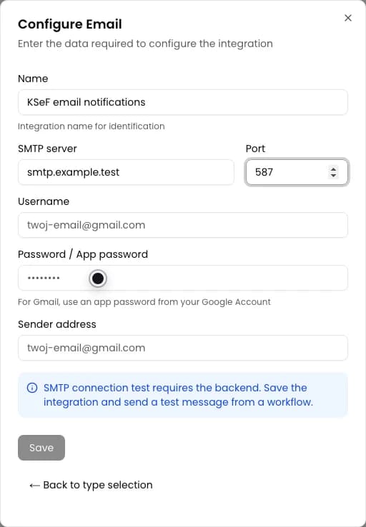Configure Email form with the name, SMTP server and port completed