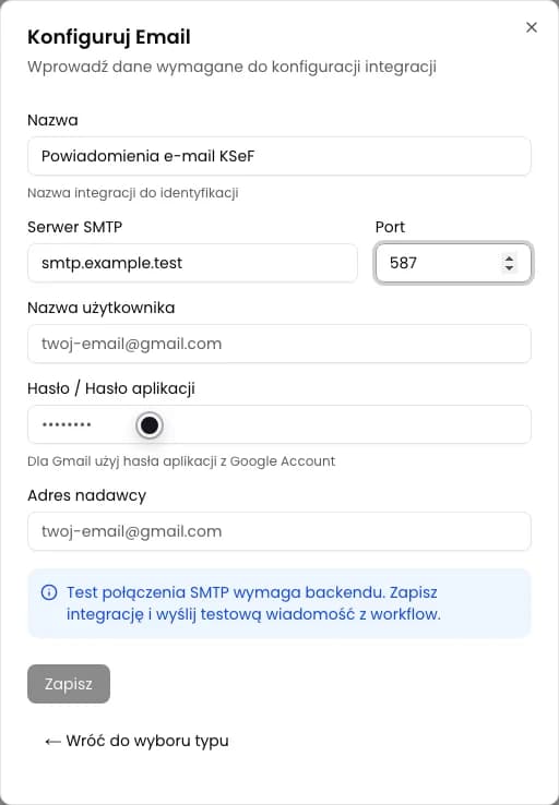 Formularz Konfiguruj Email z uzupełnioną nazwą, serwerem SMTP i portem