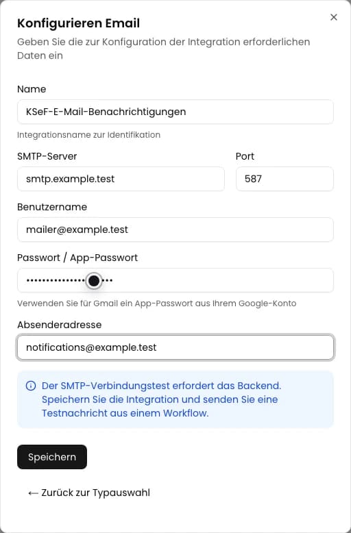 Formular Konfigurieren Email mit verborgenem Passwort und Demonstrations-Absenderadresse