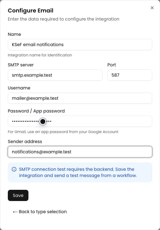 Configure Email form with a hidden password and demonstration sender address
