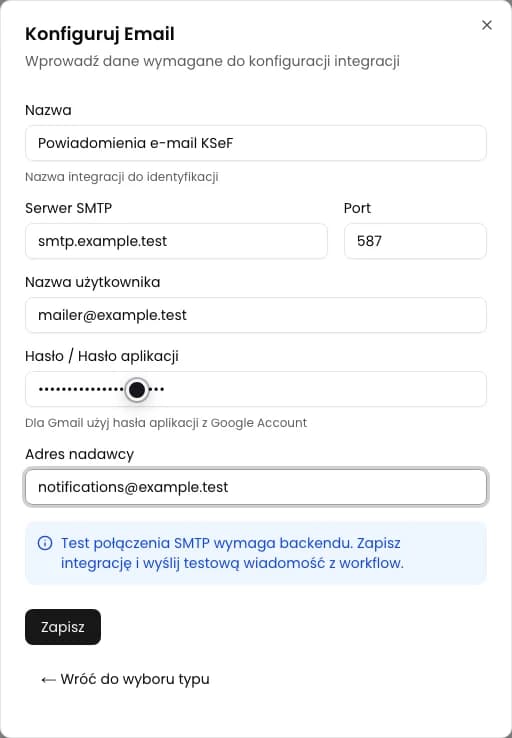 Formularz Konfiguruj Email z ukrytym hasłem i demonstracyjnym adresem nadawcy
