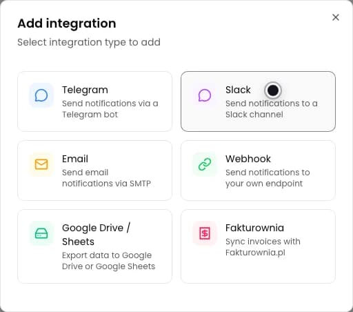 Add integration dialog with the Webhook card visible