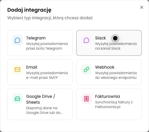 Okno Dodaj integrację z widoczną kartą Webhook