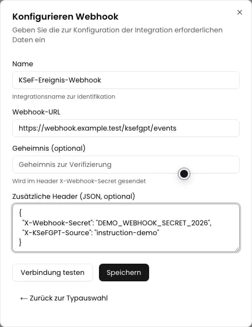 Formular Konfigurieren Webhook mit Name und Demonstrationsadresse über HTTPS