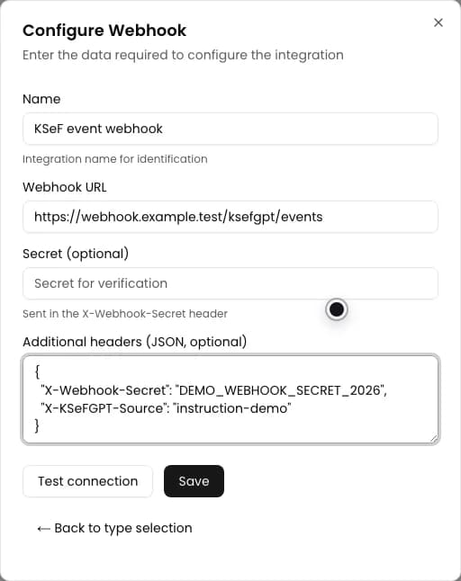 Configure Webhook form with a name and demonstration HTTPS address