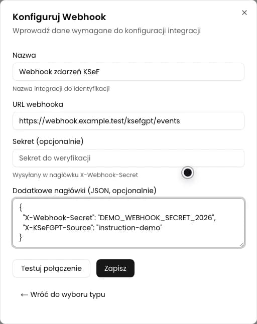 Formularz Konfiguruj Webhook z nazwą i demonstracyjnym adresem HTTPS