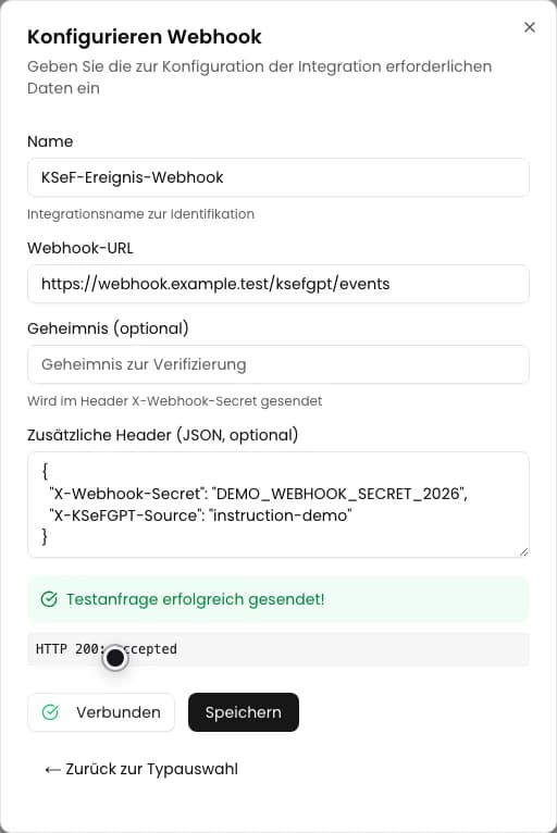 Webhook-Formular mit Authentifizierungsheader und erfolgreichem Testergebnis