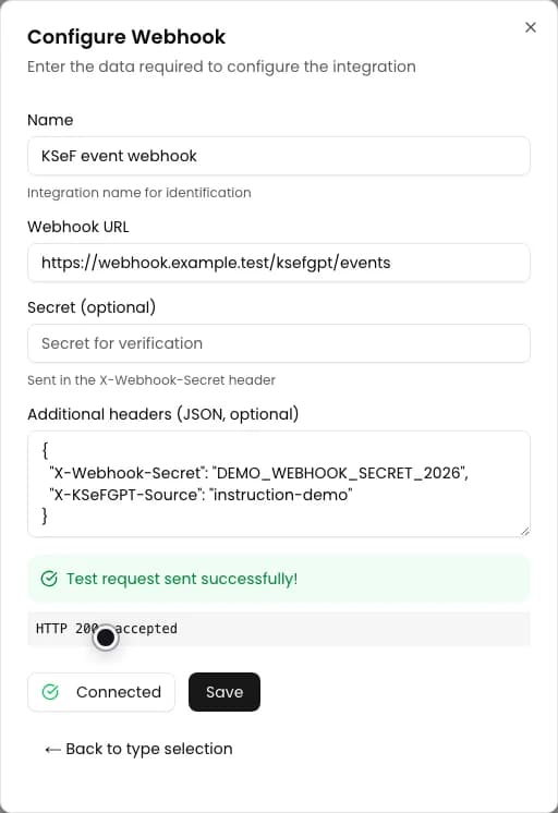 Webhook form with an authentication header and a successful test result
